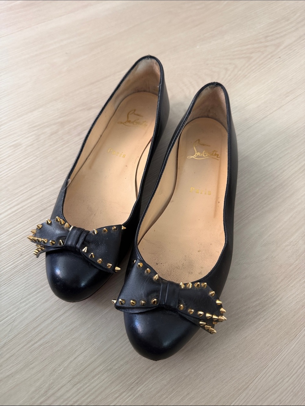 Christian Louboutin | Black Leather Studded Bow Flats